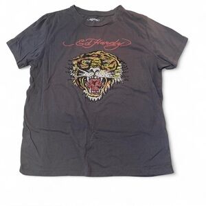 Y2K Ed Hardy Charcoal Tiger Rhinestone Graphic Tee
